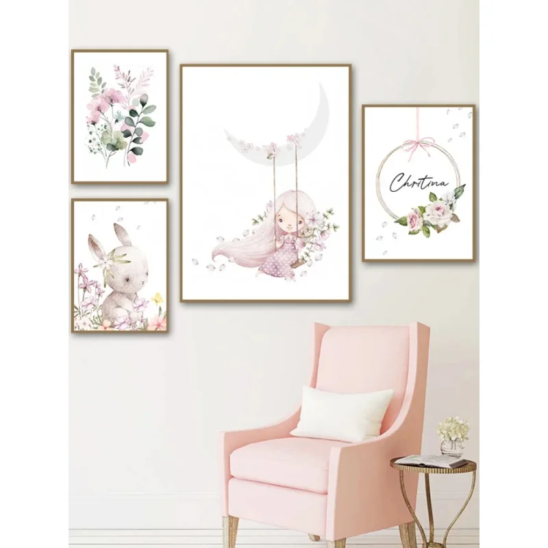 Resin Art With Flowers - ภาพศิลปะติดผนังสไตล์การ์ตูนนอร์ดิก กระต่ายสีชมพู ดอกไม้ ชื่อเด็ก ปรับแต่งได้ ภาพพิมพ์