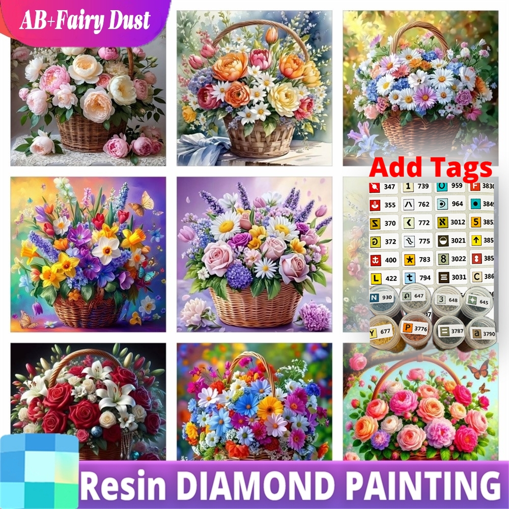 Resin Art Of Rose - ภาพวาดเพชรเรซิ่นลายดอกกุหลาบพีโอนีในตะกร้าดอกไม้ ประดับด้วยเพชร AB สำหรับตกแต่งบ้าน ชุดอุปกรณ์ครบชุด