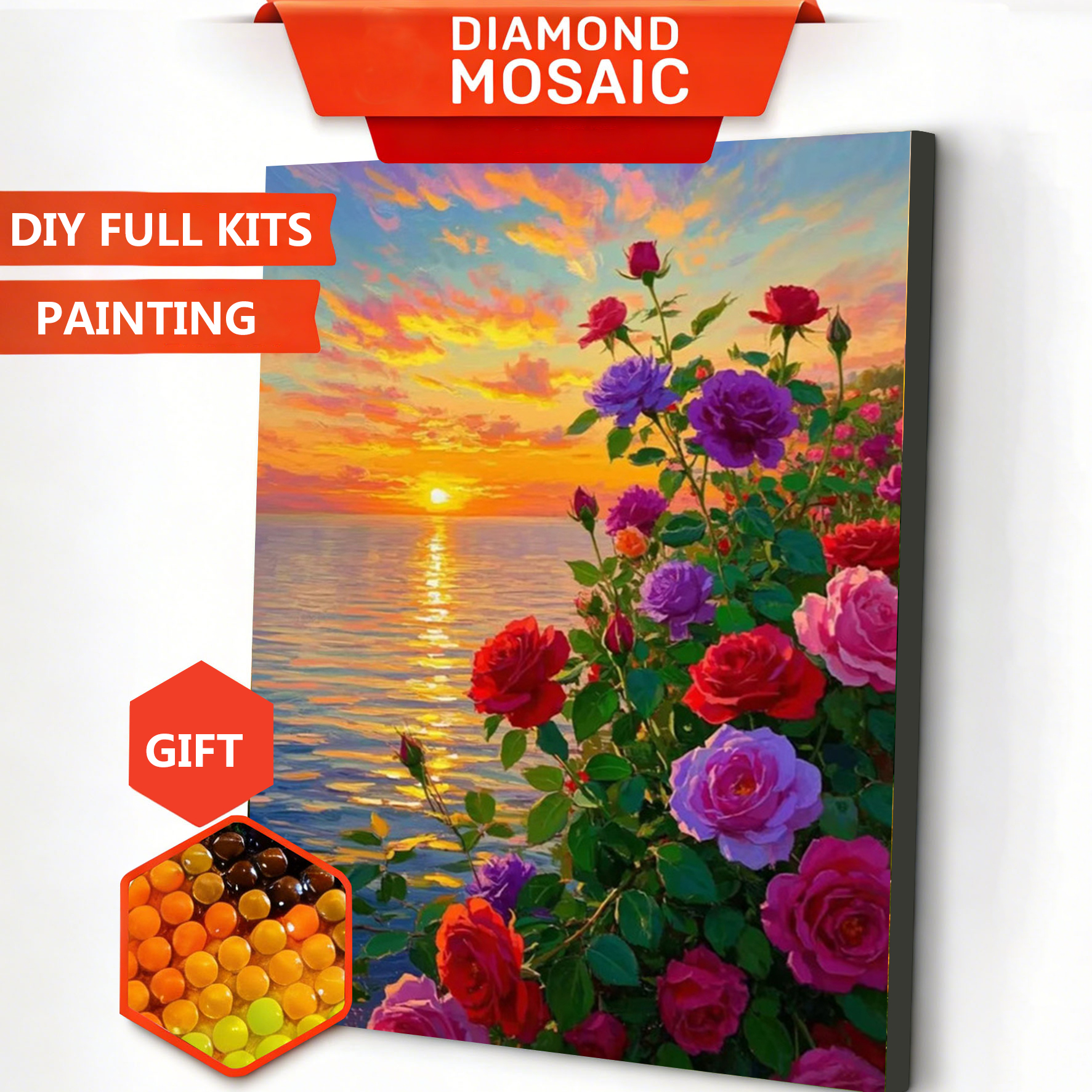 Resin Art Of Rose - AZQSD ภาพวาดศิลปะเพชร ภาพดอกกุหลาบ ภาพโมเสคเพชร ภาพทิวทัศน์ทะเลยามพระอาทิตย์ตก ชุดอุปกรณ์ครบชุด
