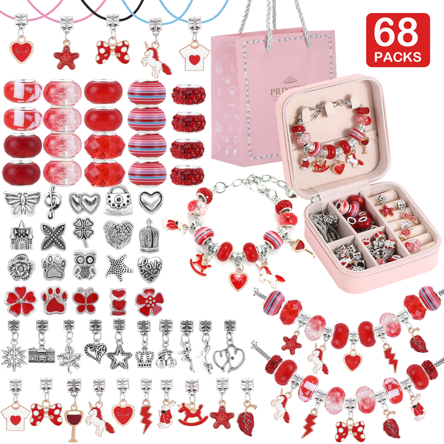 Resin Art Kits For Adults - ชุดทำสร้อยข้อมือลูกปัด 68 ชิ้น, กล่องของขวัญ DIY เครื่องประดับชุดสีแดง,