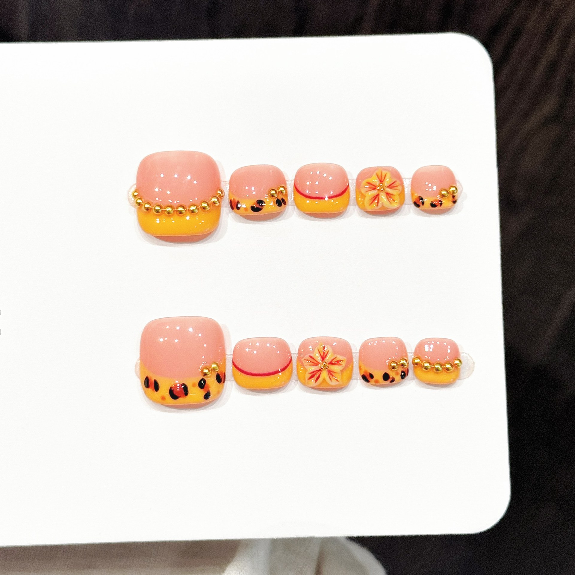 Resin Art With Flowers - เล็บเท้าปลอมทำมือ 10 ชิ้น ลายดอกไม้สีสันสดใส 
