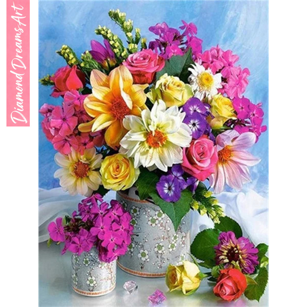 Resin Art With Flowers - ภาพวาดเพชร 5 มิติ ลายดอกไม้ แจกันกุหลาบ งานศิลปะตกแต่งผนัง