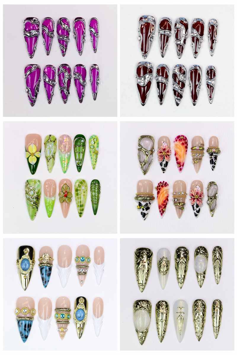 Resin Art With Flowers - เล็บปลอมทรงสติเลตโต้ยาว 10 ชิ้น เคลือบเงา ลายดอกไม้สีม่วงเพ้นท์มือ สำหรับงานแต่งงานและงานอีเวนต์