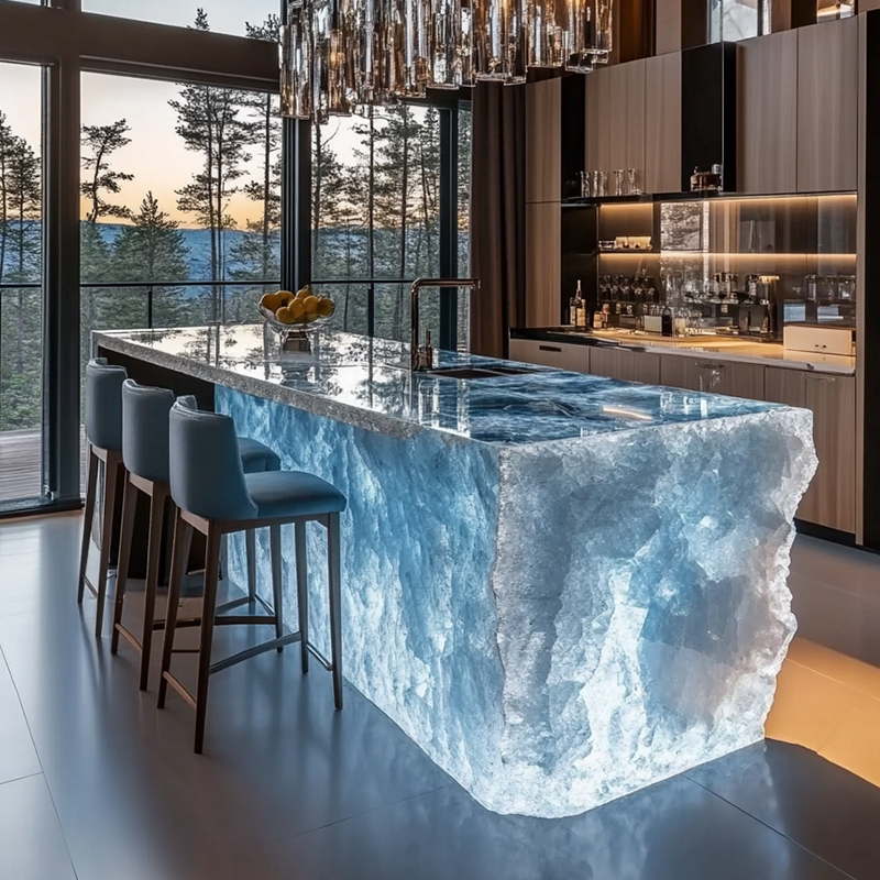 Resin Art Dining Table - โมเดิร์นหรูหราบ้านVilla Bar Luminous Islandตารางที่กําหนดเองโปร่งใสเรซิ่นคริสตัลบาร์Gletcier Artชาตาราง
